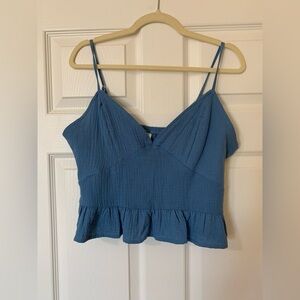 NWT Fornia Blue Babydoll Ruffle Hem Smocked Back Crop Top Size XL Boho Coquette‎